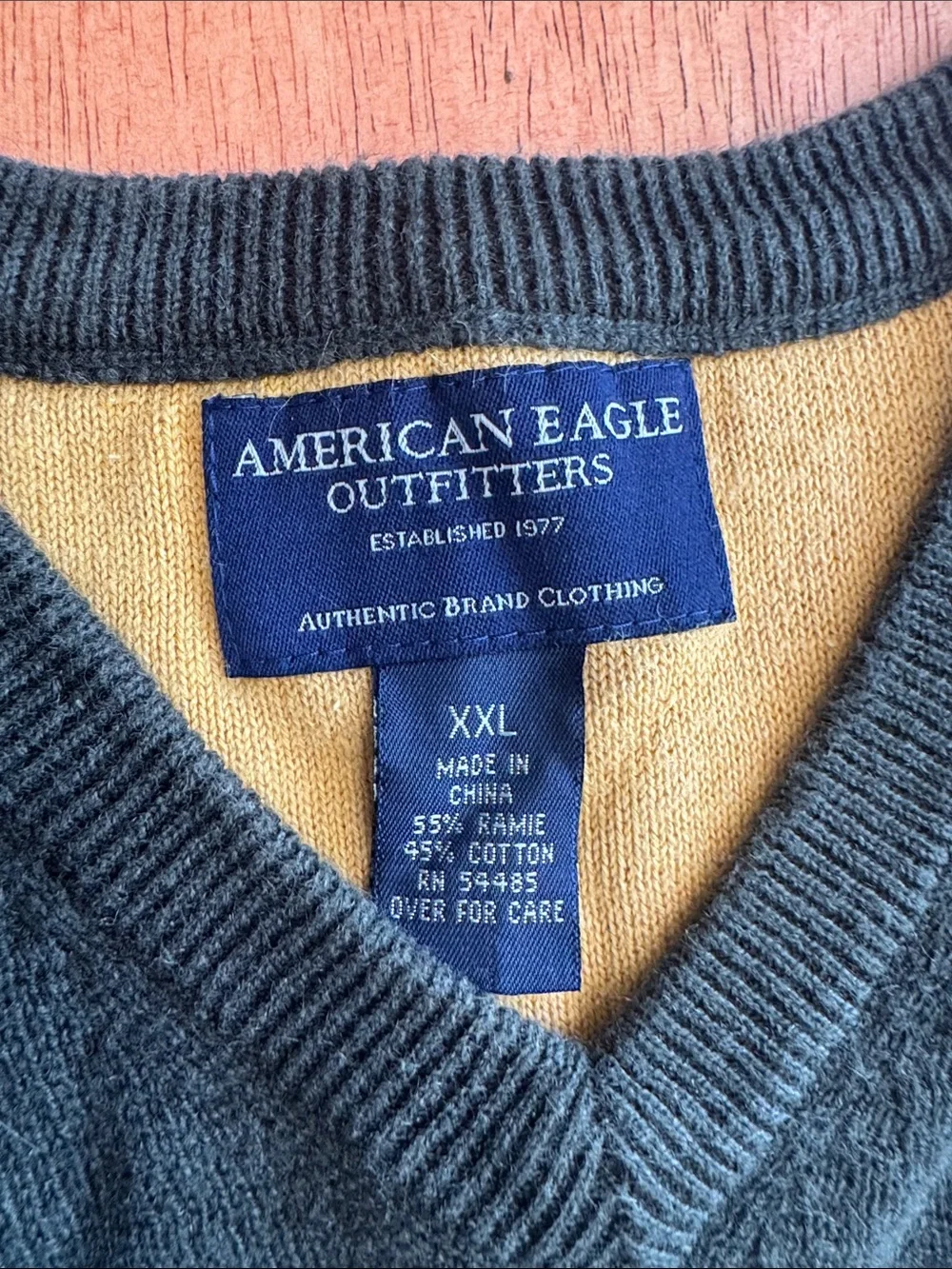 Men's XXL American Eagle Dark Green V-Neck Sweater with Yellow Stripe